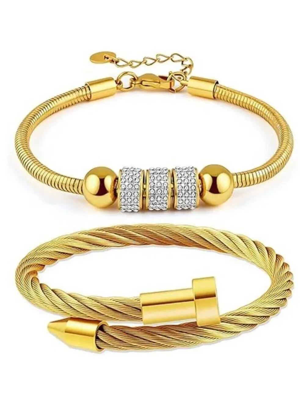 18K Gold Plated Nail Bracelet Set, Adjustable Stackable Bangles for Women 2 Pcs.